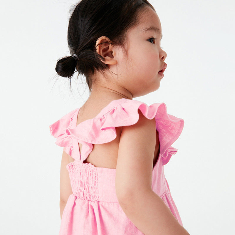 Baby Kids Girls Pink Square Neck Floral Embroidered Fly Sleeves Strap Dress-4