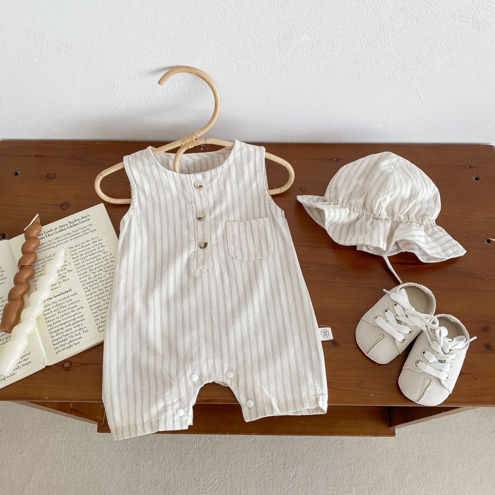 New Design Summer Baby Kids Unisex Plain Simple Striped Pattern Crew Neck Sleeveless Romper-3