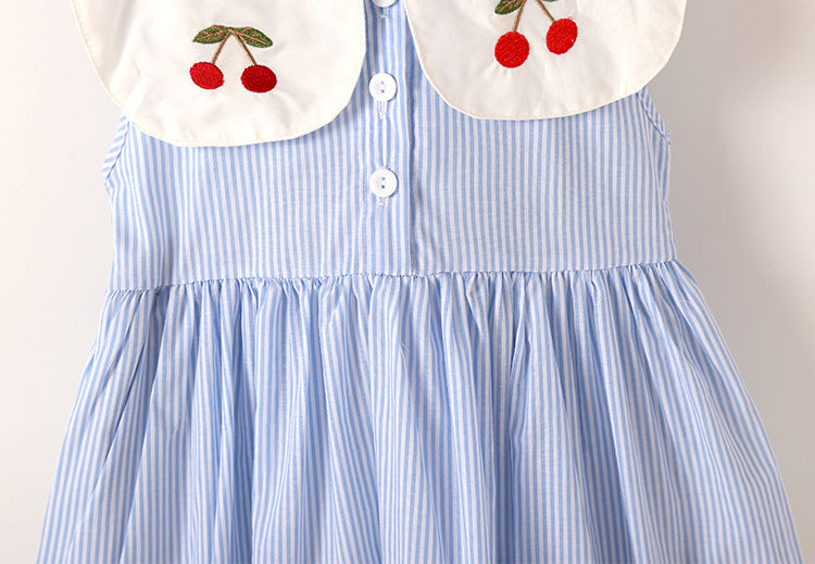 Baby Girl Cherry Embroidery Pattern Color Blocking Lapel Design Sleeveless Dress-3