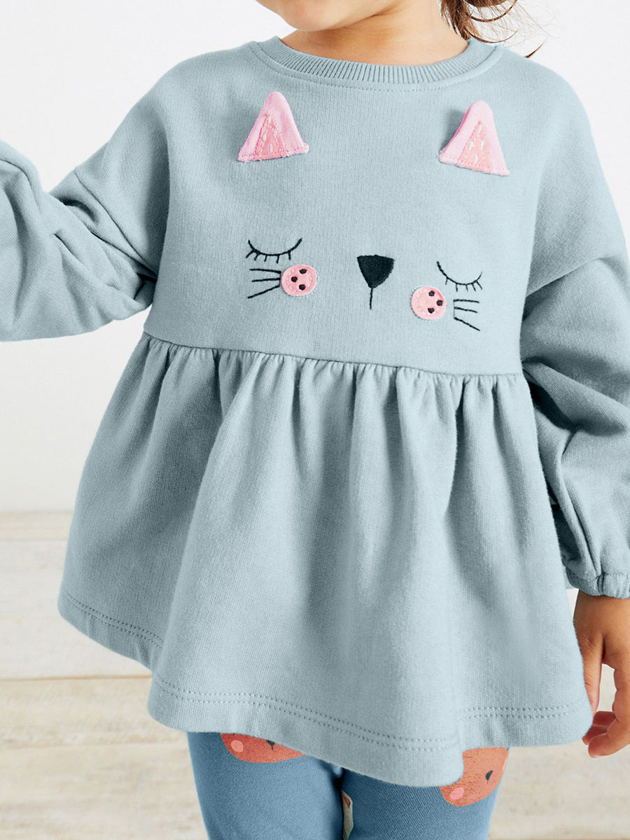 Baby Girl Cat Pattern Design Pullover With Long Leggings Sets-3