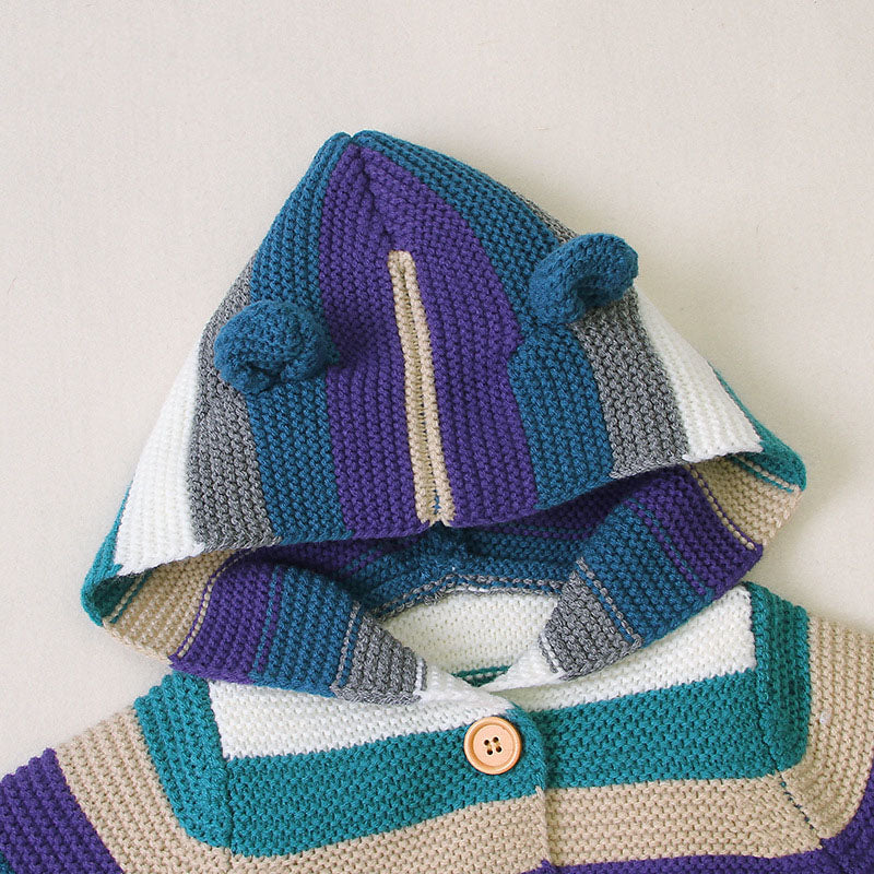 Baby Colorful Striped Pattern Button Front Knitted Cardigan With Hat-2