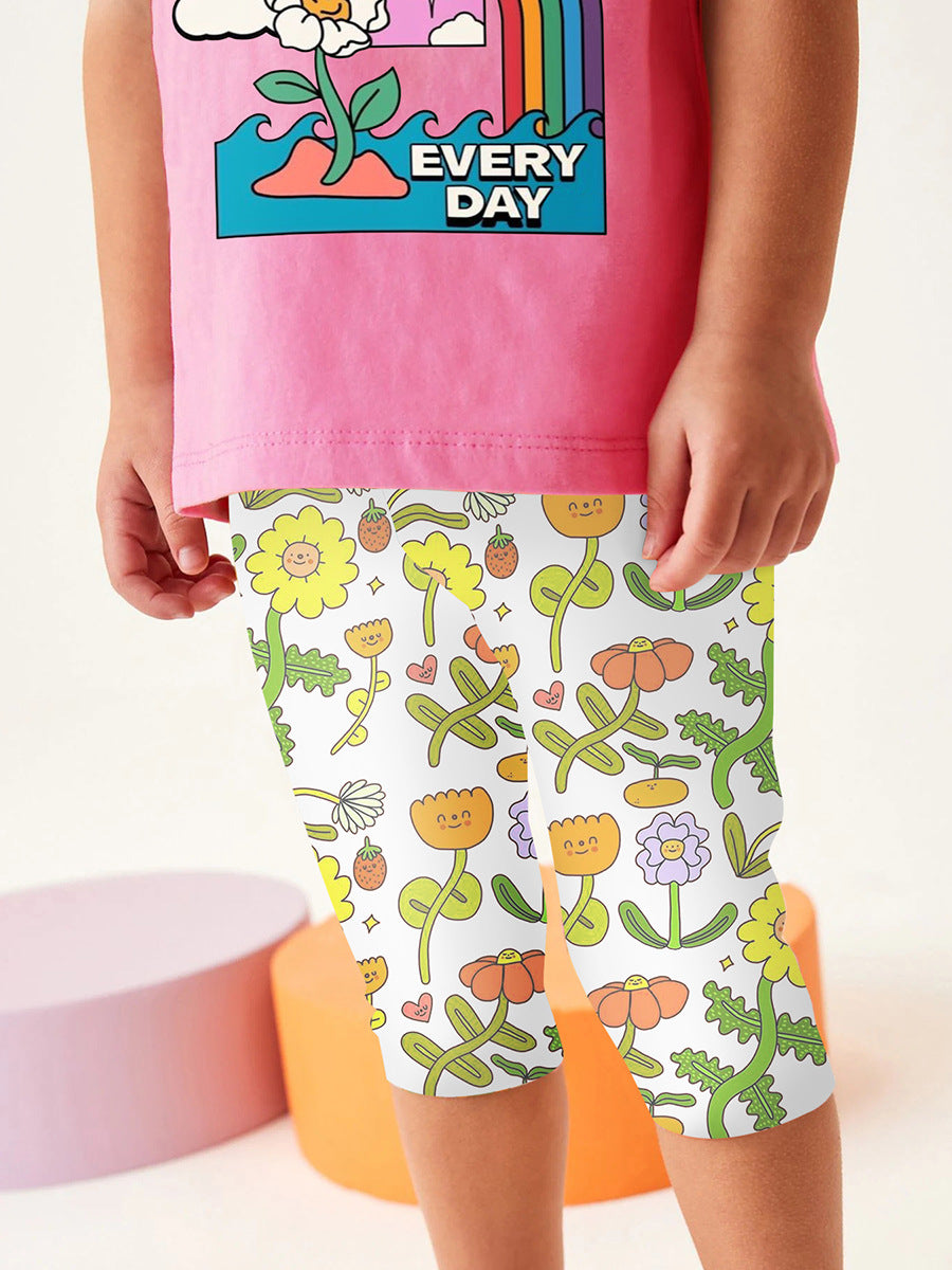 Girls Sunny Day Cartoon T-Shirt And Floral Capri Pants Set-3