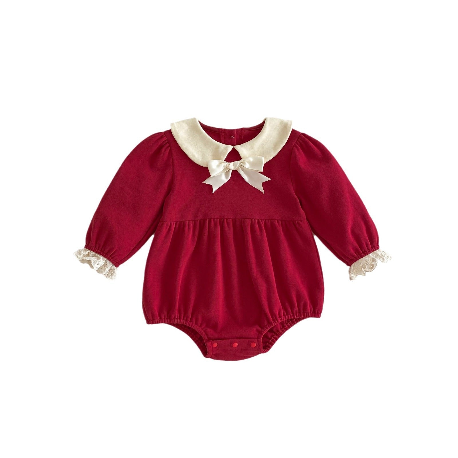 Spring Red Long Sleeves Onesie With White Collar For Girls-3