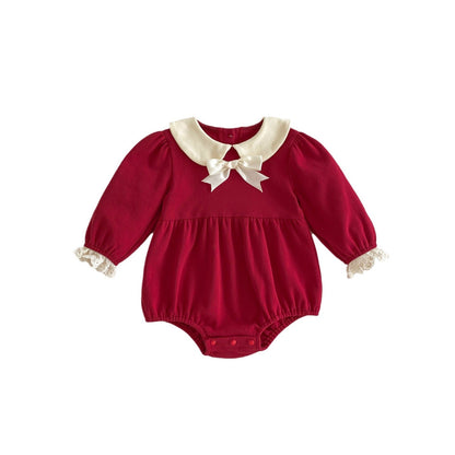 Spring Red Long Sleeves Onesie With White Collar For Girls-3