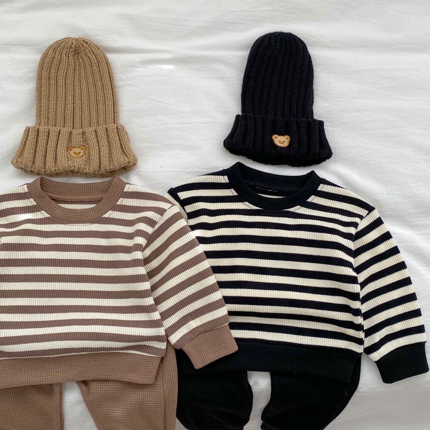 Baby Striped Pattern Waffle Fabric Hoodies Combo Pants Sets-3