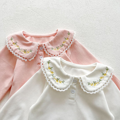 Baby Girl Solid Embroidered Floral Collar Top-2