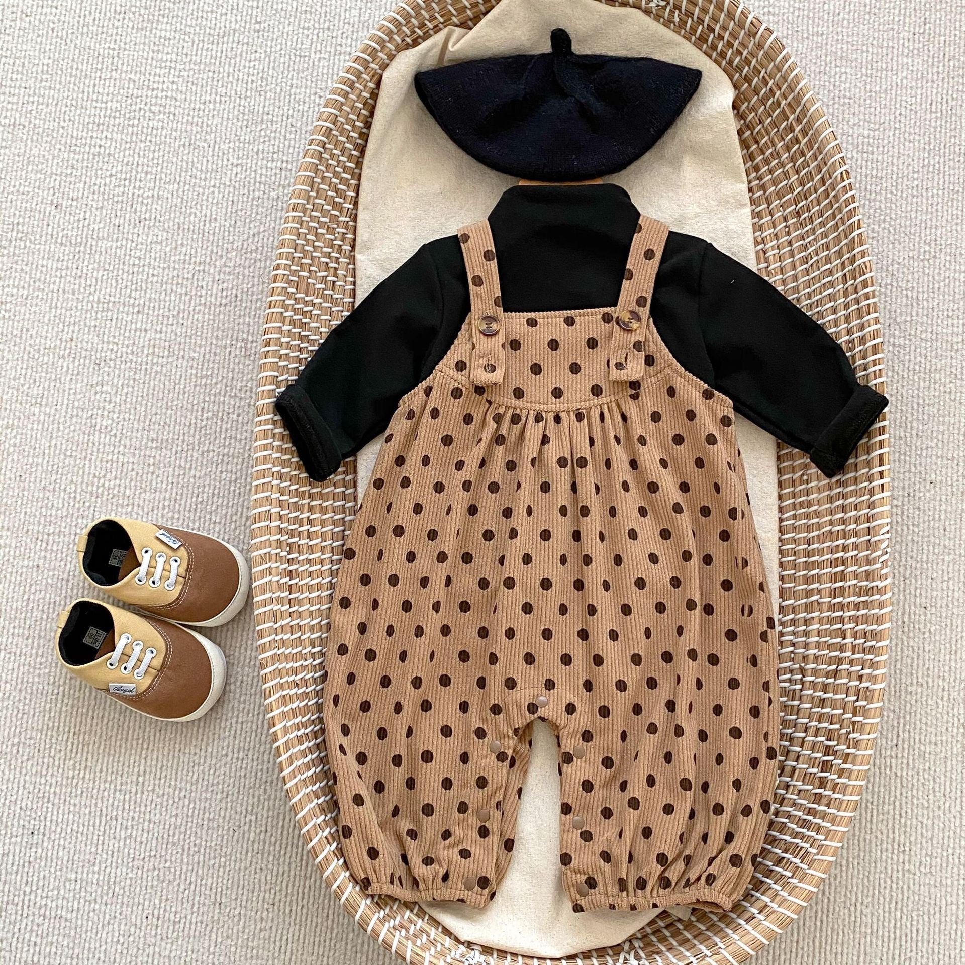 Polka Dot Overalls With Solid Color Shirts Sets-3