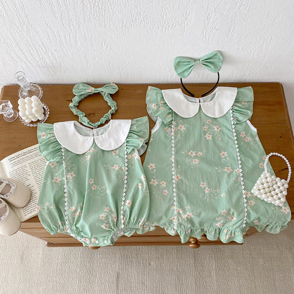 New Design Summer Girls Flowers Pattern Fly Sleeves Peter Pan Collar Onesies And Dress – Sister Matching Clothing Set-4