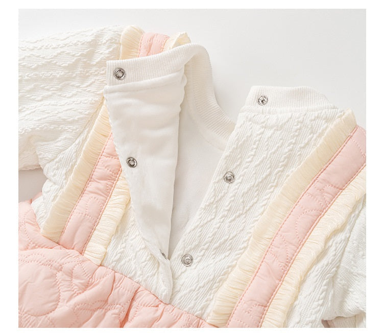 Winter Baby Thick Home Clothes Pink-White Patchwork Romper With Hat-3