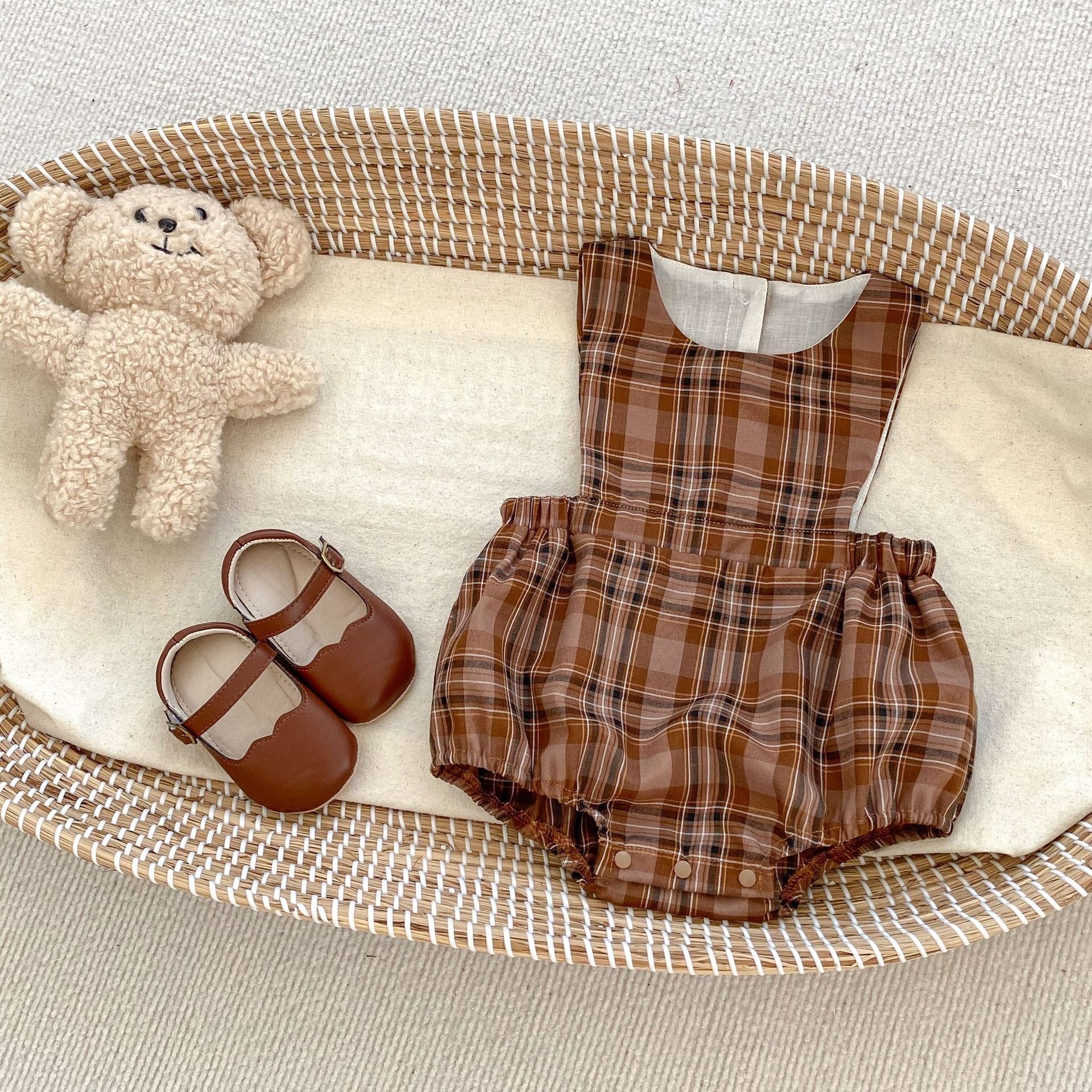 Vintage Style Plaid Pattern Strap Onesie With Shirt Sets-3