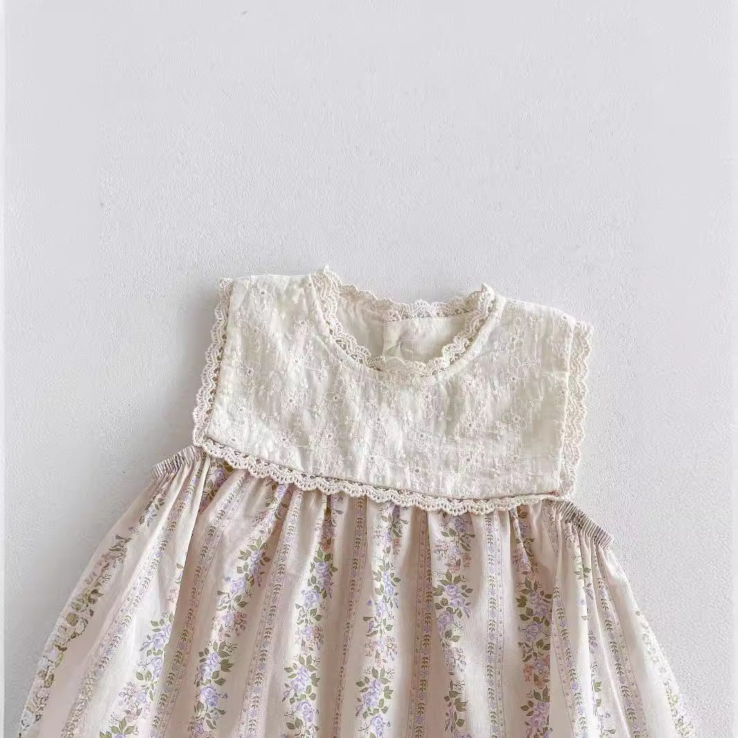 New Design Summer Baby Kids Girls Floral Pattern Ruffle Lace Neck Sleeveless Patchwork Romper-2