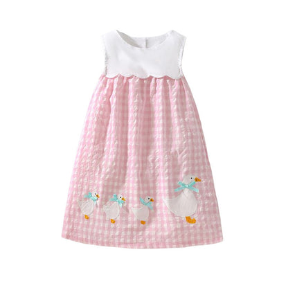 Summer Baby Girls Sleeveless Plaid Patchwork Geese Pattern Dress-2