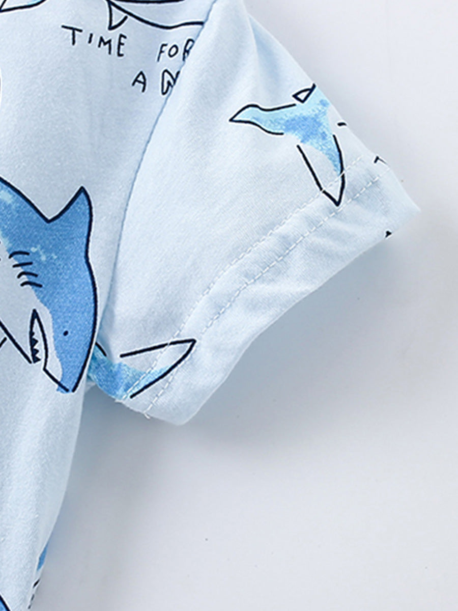 Summer Baby Kids Unisex Marine Sharks Animals Cartoon Pattern Short Sleeves T-Shirt And Shorts Casual Clothing Set-4