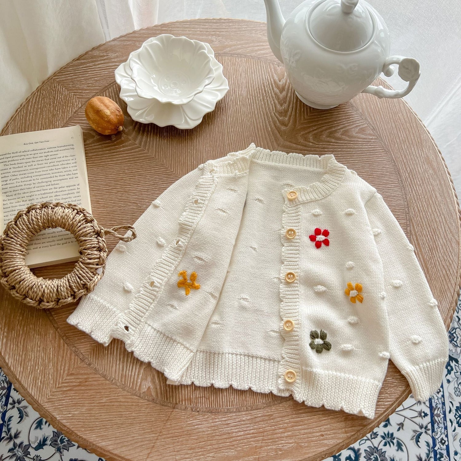 Baby Girl Flower Embroidered Graphic Single Breasted Design Knit Cardigan-3