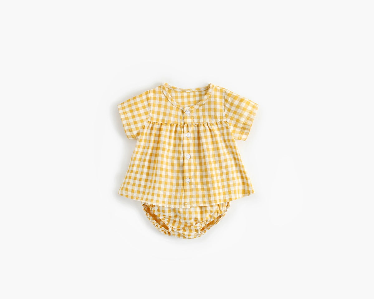 Baby Girl Plaid Pattern Single Breasted Design Shirt Combo Shorts Sets-3