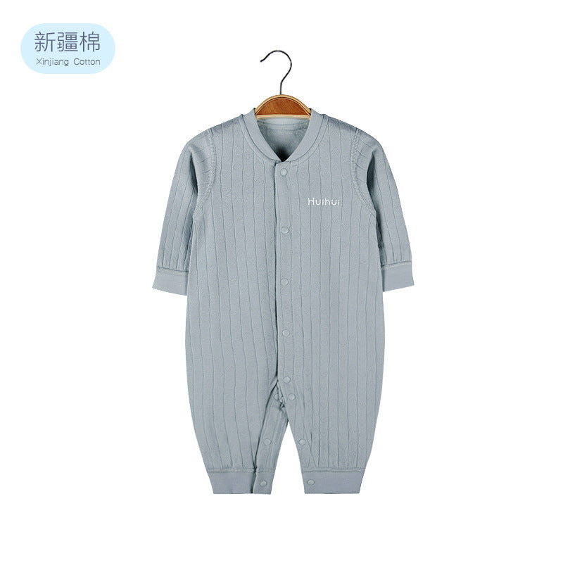 Baby Solid Color Pit Strip Fabric Single Breasted Design Cotton Jumpsuit Pajamas-3