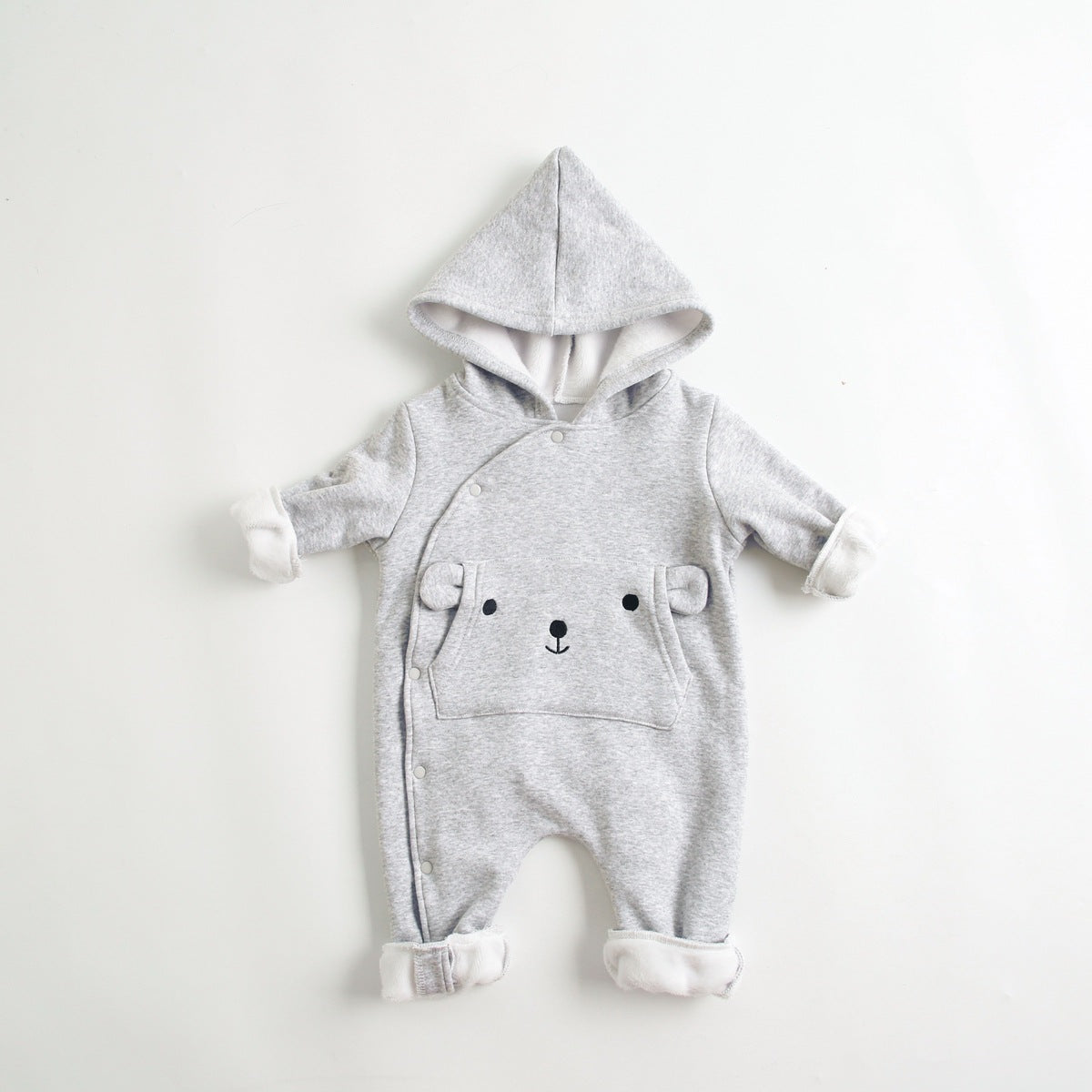 Baby Cartoon Embroidered Pattern Side Snap Button Fleece Rompers With Hat-3