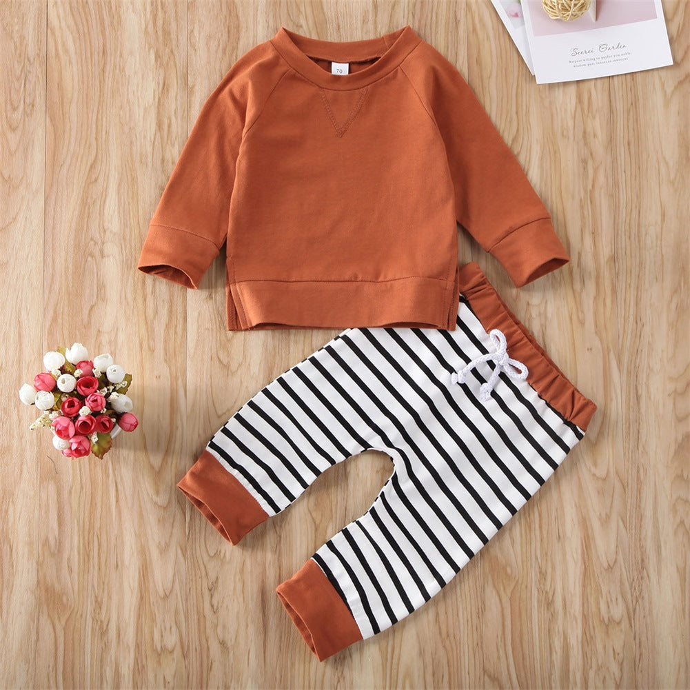 Baby Boy 1pcs Solid Color Hoodie Combo Striped Pattern Trousers Sets-2