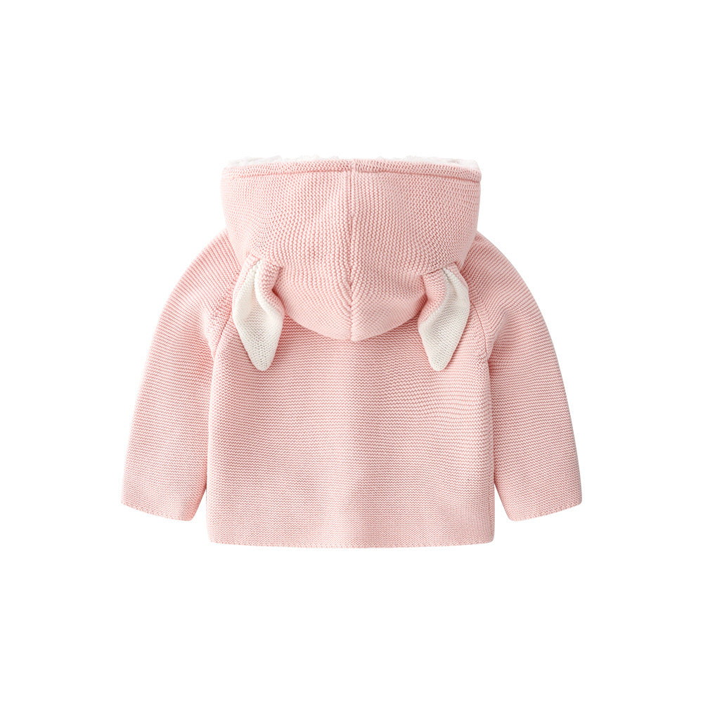 Baby Solid Color Bunny Ear Patched Hat Design Button Front Knitted Sweater Cardigan-3