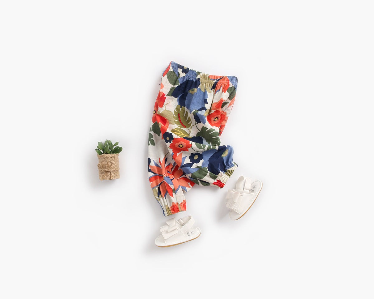 Baby Girl Floral Print Pattern Wide Leg Pants In Spring &amp; Summer-3