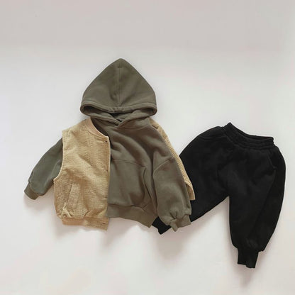 Baby Solid Color Long Sleeves Fleece Thermal Hoodies In Autumn Outfit Wearing-3