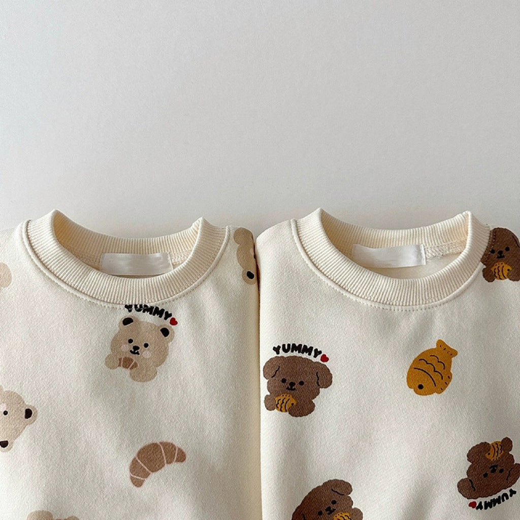 Unisex Baby And Kids Apricot Animals Cartoon Top And Pants Casual Home Clothing Set-3