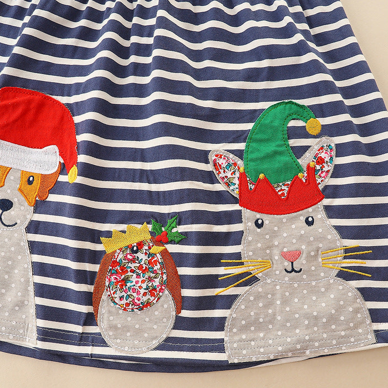 Christmas Cartoon Animal Patchwork Dress: Girls’ Striped Long Dress For Toddlers And Babies-3