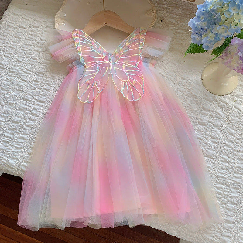 Summer Baby Kids Girls Gradient Fly Sleeves Butterfly Design Mesh Princess Dress-5