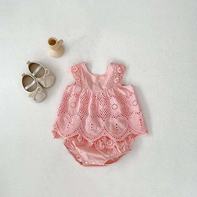 Summer Hot Selling Baby Girls Sleeveless Solid Color Hollow Out Design Strap Top Dress And Bloomers Clothing Set-2