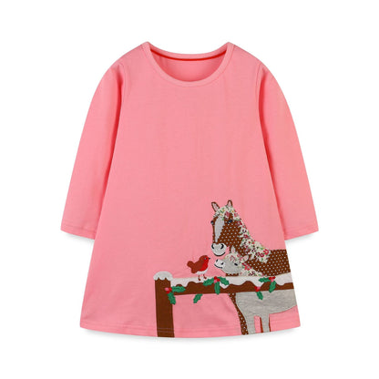 Girls’ Cartoon Pattern Embroidery Crew Neck Dress-2