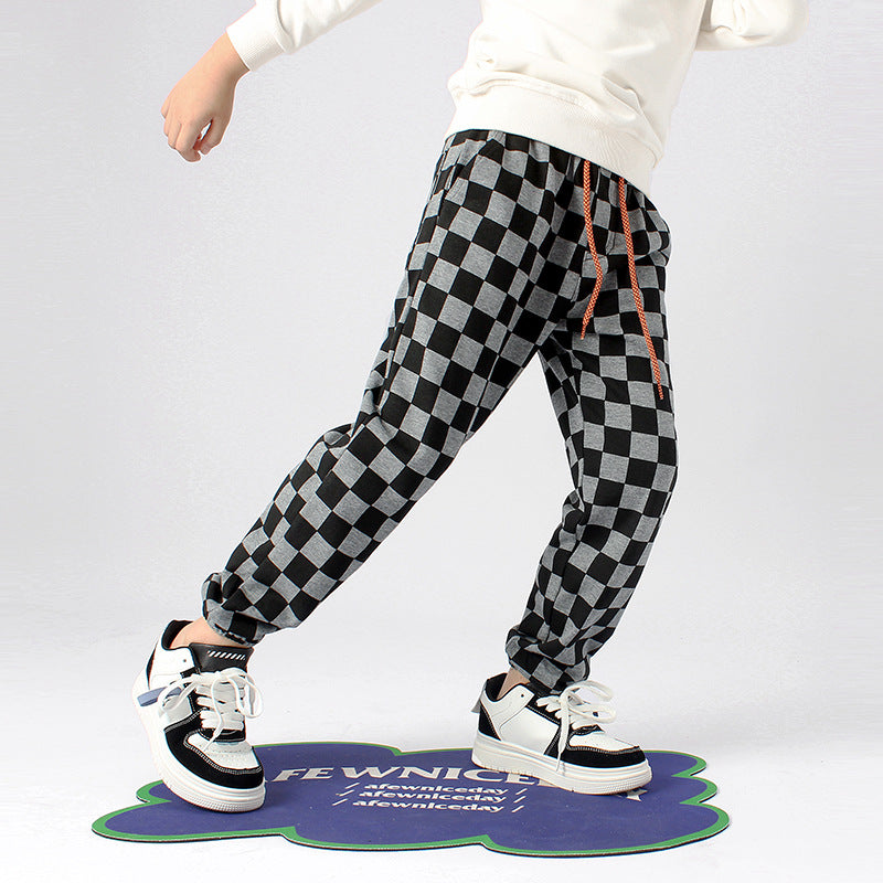 Baby Boy Checkerboard Print Pattern Fleece Thickened Pants-3