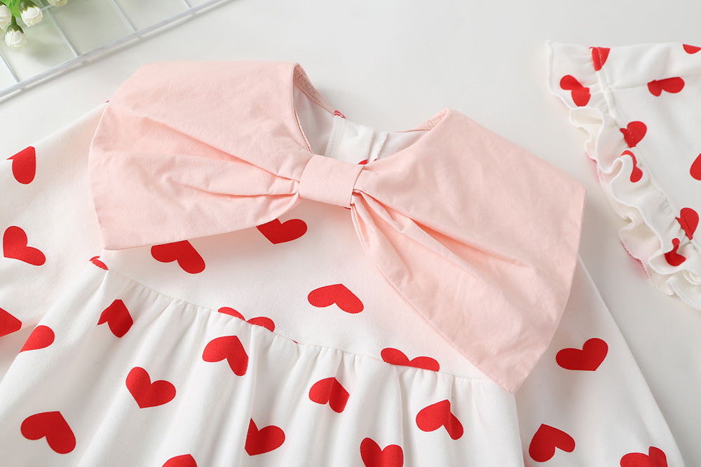 Baby Girl Heart Pattern Big Bow Tie Patched Design Triangle Onesies-3