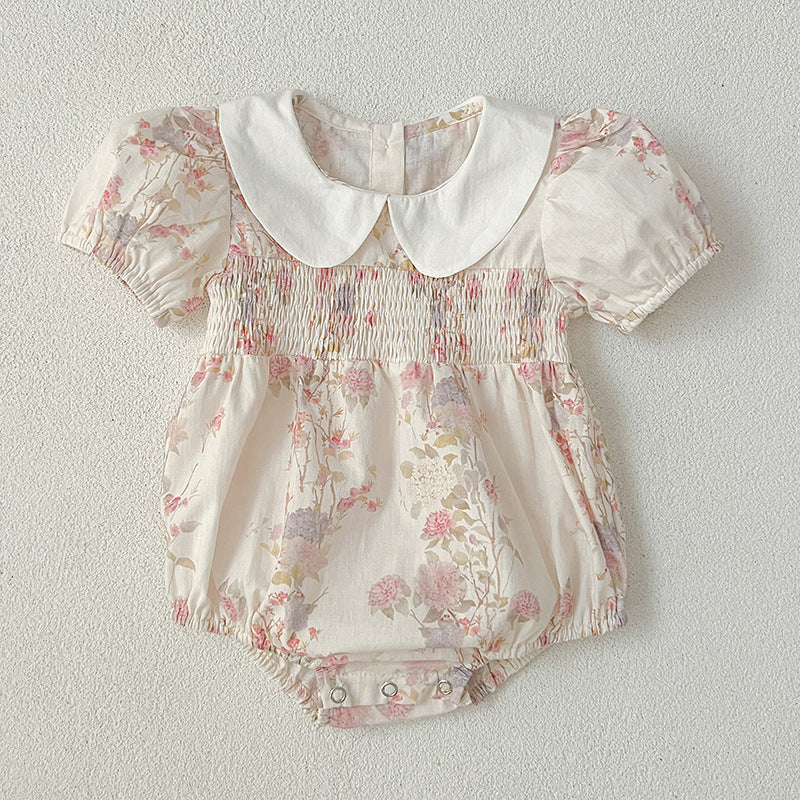 New Arrival Summer Girls Peter Pan Collar Short Sleeves Floral Print Onesies And Dress – Princess Sister Matching Set-1