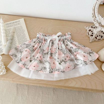 Spring Baby Kids Girls Plain Long Sleeves Base Shirt And Floral Skirt Clothing Set-3