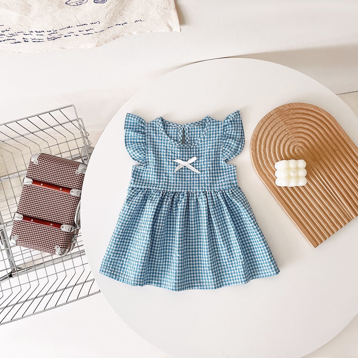 New Arrival Summer Baby Girls Plaid Fly Sleeves Dress With Bow-2