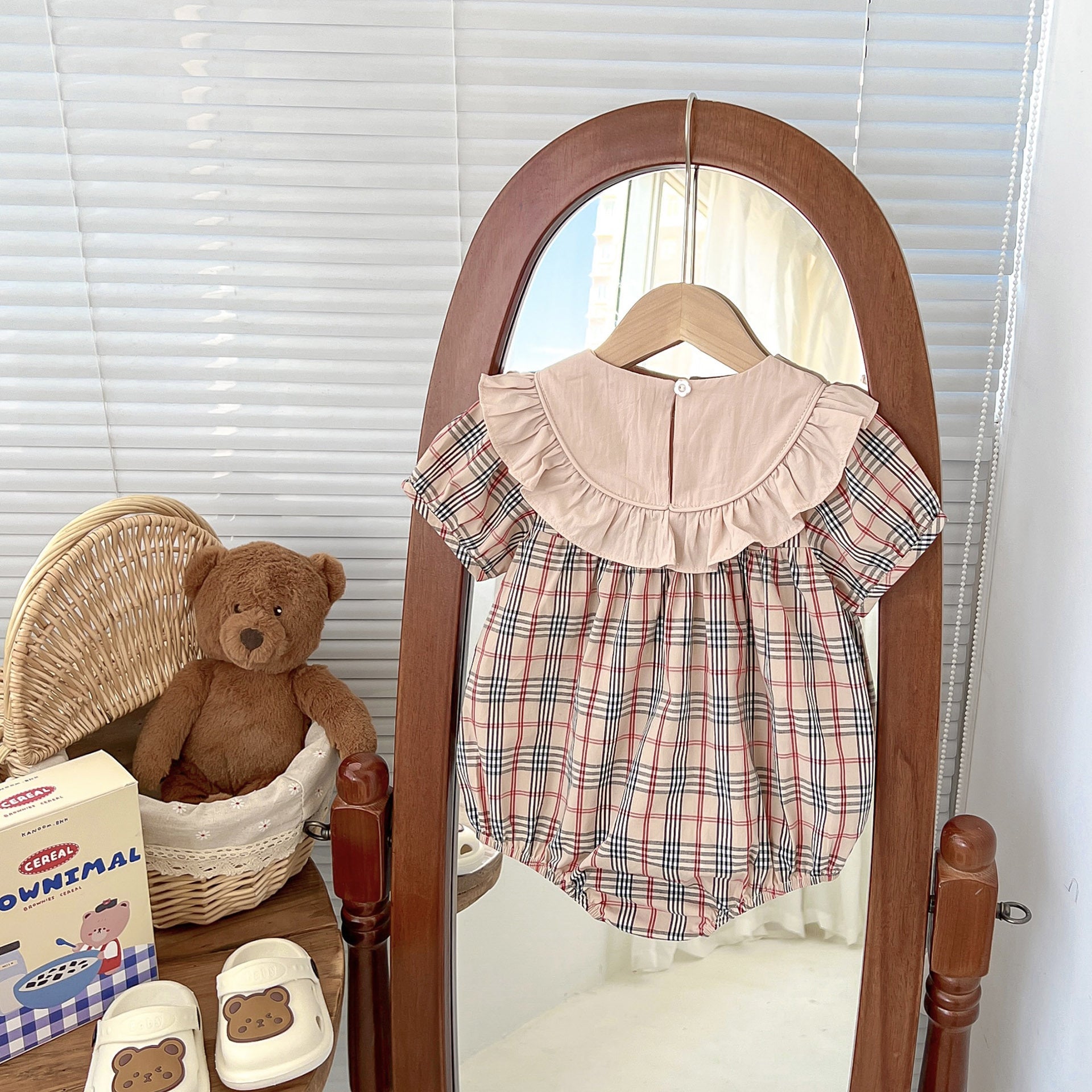 Summer Hot Selling Baby Girls Short Sleeves Plaid Crew Neck Teddy Pattern Onesie-4