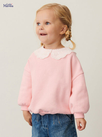 Baby Girls Kids Cute Lace Trim Peter Pan Collar Long Sleeve Pullover Top-1