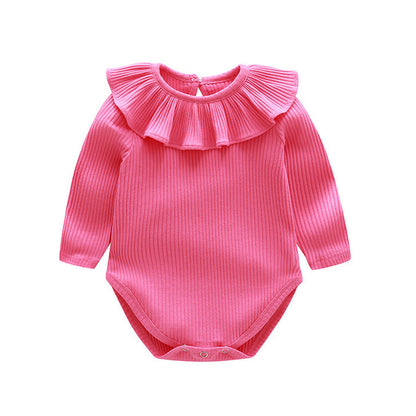 Baby Solid Color Ruffle &amp; Buttoned Design Long-Sleeved O-Neck Onesies-3