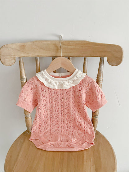 New Arrival Summer Baby Kids Girls Knitted Ruffled Collar Hollow Out Short Sleeves Onesies-1