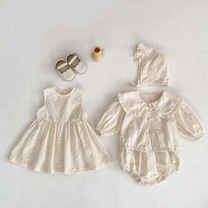 New Arrival Summer Baby Kids Girls Solid Color Floral Embroidery Dress, Shirt And Overalls Onesies – Sister Matching Set-6