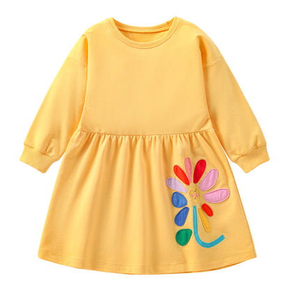 Hot Selling Spring Baby Girls Long Sleeves Sunflower Cartoon Pattern Crew Neck Dress-0