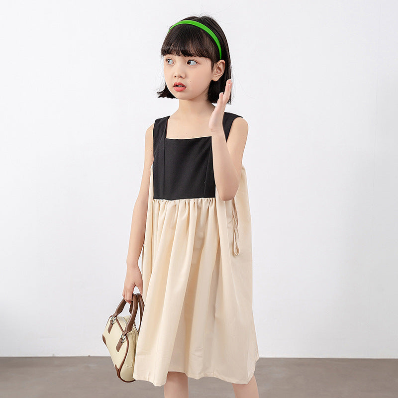 Girls Colorblock Design Square Neck Sleeveless Dress-3