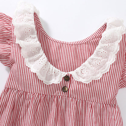 Spring And Summer Baby Girls Ruffle Collar Short Sleeves Striped Dress-3