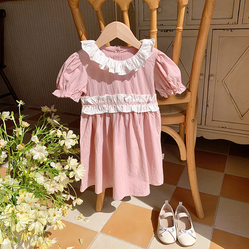 New Arrival Summer Kids Girls Short Sleeves Ruffle Collar Princess Dress-2