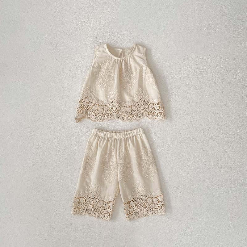 New Design Summer Baby Kids Girls Floral Embroidery And Hollow-Out Pattern Dress And Shorts Clothing Set-3