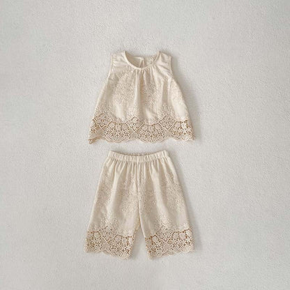 New Design Summer Baby Kids Girls Floral Embroidery And Hollow-Out Pattern Dress And Shorts Clothing Set-3