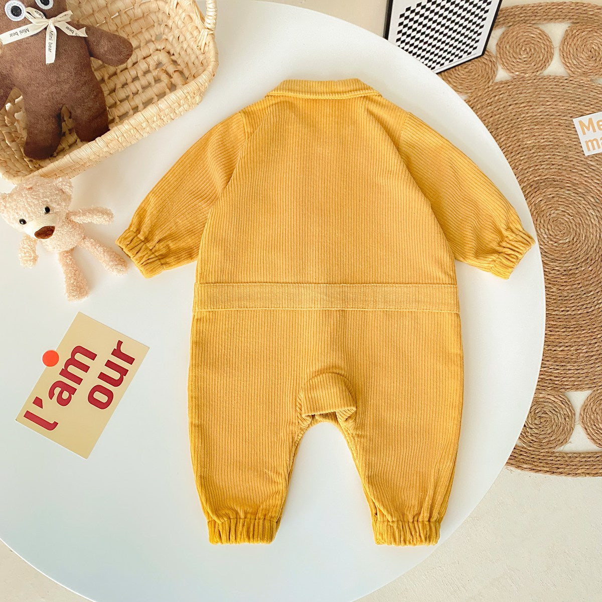 Baby 3D Cartoon Bear Patched Design Corduroy Fabric Button Front Romper-3