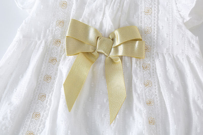 Baby Girls Solid White Gold Bow Tie Patched Design Popular Onesies-3