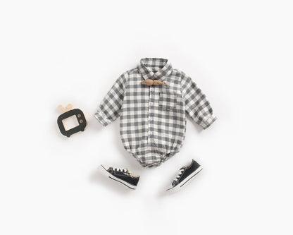 Baby Boy Plaid Pattern Buttoned Shirt With Pockets Long Sleeve Onesies In Autumn-2