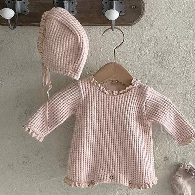 Baby Girl Solid Color Waffle Pattern Lace Design Long Sleeves Triangle Bodysuit-3